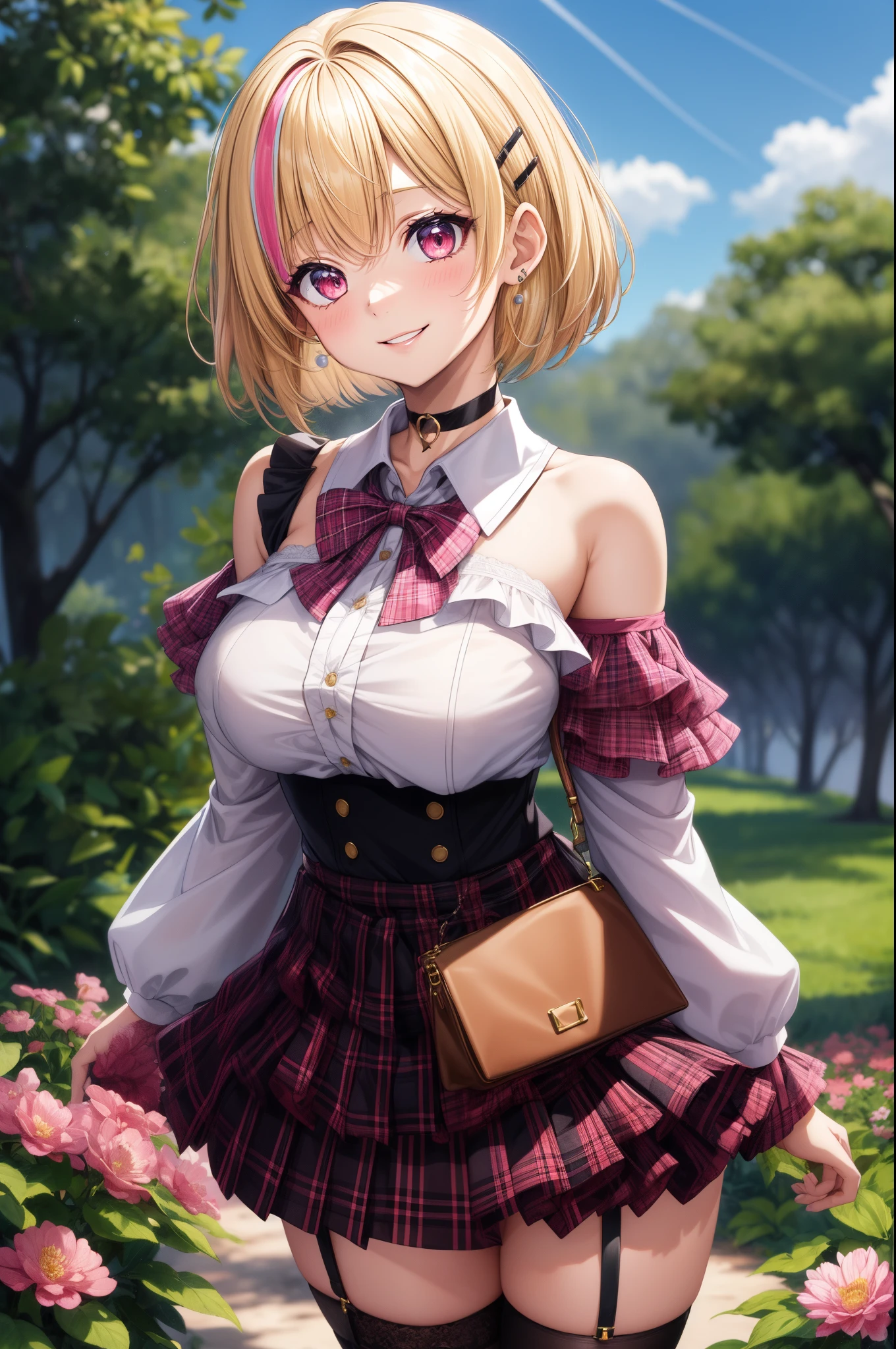 1girl, solo, blonde hair, scene hair, hair clips, pink streaks, streaky hair, long hair, off shoulder shirt, outdoors, flower field, forest, beautiful sky, plants, jirai kei, bare shoulder, microskirt, plaid skirt, garter belt, earrings, thick lips, pink eyes, layered hair, huge breasts, long sleeves, thick thighs, (anime:1.2), blunt bang, eye makeup, choker, bowtie, standing, handbag, pearl earrings, cowboy shot, head tilt, smile,