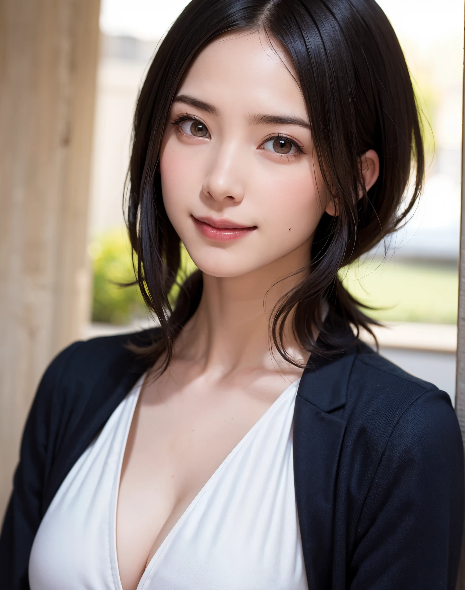 (masterpiece, top-quality、Very attractive adult beauty、Add intense highlights to the eyes、Look firmly at the camera),1girl in, 独奏, Brunette Short Bob Hair, scarf,realisitic, looking at the viewers, brown eyes of light color,, shiny short hair,bangss、coat, Winter clothes, White headscarf, s lips, lipgloss,bangss, The upper part of the body、big eye、Lashes)、((Road system in Italy))、((short bob hair with bangs、big eye、Put very strong highlights in your students、very Bigger breasts、gazing at viewer、Very beautiful beauty、Put your ears out、long neck、little smiling、Beautiful teeth、Open your mouth and smile))、28 year old、Very cute supermodel、colourfull