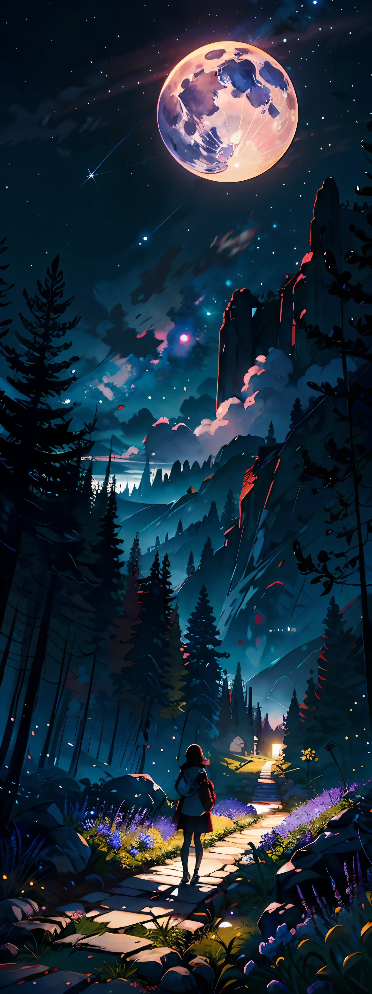 Expansive landscape photography、(View from below with a view of the sky and the wilderness below)、Girl standing in a flower field and looking up、(full moon:1.2)、(shooting star:0.9)、(nebula:1.3)、mountain in the distance、Tree BREAK Production Art、(Warm light source:1.2)、(fireflys:1.2)、lamp、Purple and orange、intricate detail、Volume Lighting BREAK (A Masterpiece:1.2)、(maximum quality)、4k、ultra- detailed、(The composition of the movement:1.4)、Highly detailed and colorful details(Iridescent:1.2)、(Shining lighting、Atmospheric illumination)、Dreamy、Magical、(solo:1.2)、 watercolor painting、 Transparent watercolor。