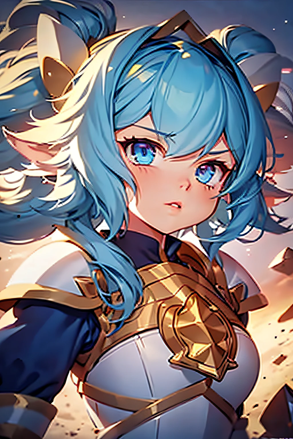 poppy, 1girl, solo, long hair, breasts, looking at viewer, bangs, blue eyes, blonde hair, large breasts, hair ornament, cleavage, upper body, braid, armor, lips, single braid, shoulder armor, pauldrons, shoulder pads