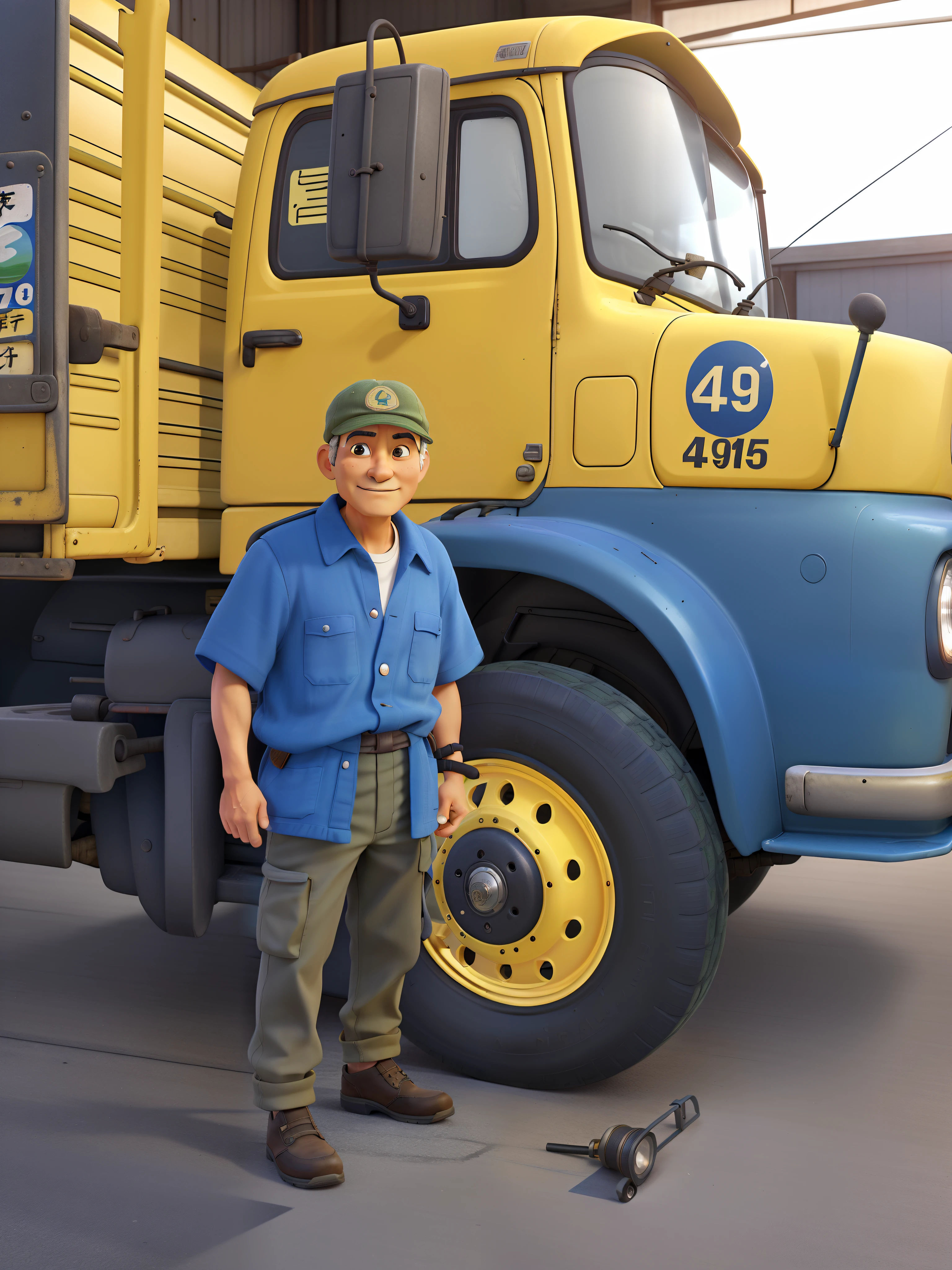An old Japanese sage, cap, parado na frente, illuminated by the light of a lamp, Against the backdrop of a truck in a workshop. Truck has yellow wheel and a sticker with the number 49 in a circle on its hood