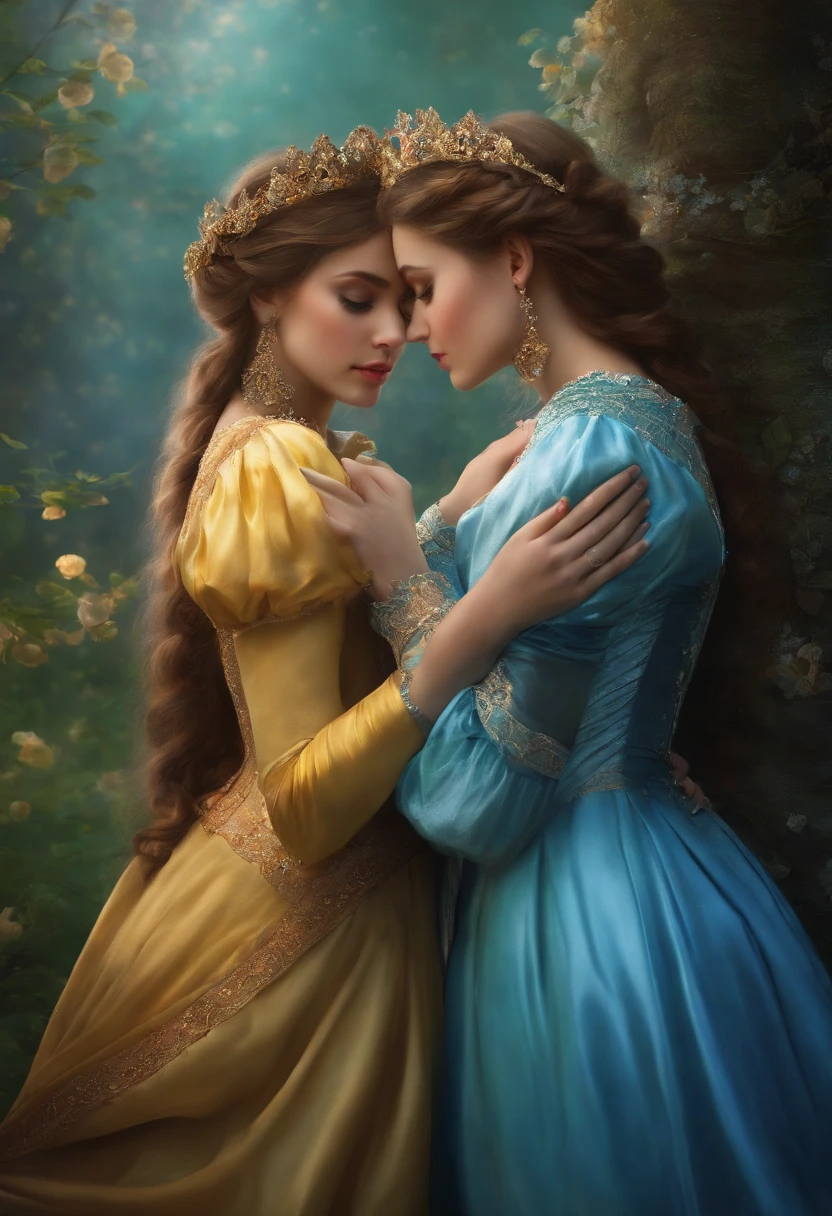 A  beautiful and sexy princess and her twin sister embracing and making out