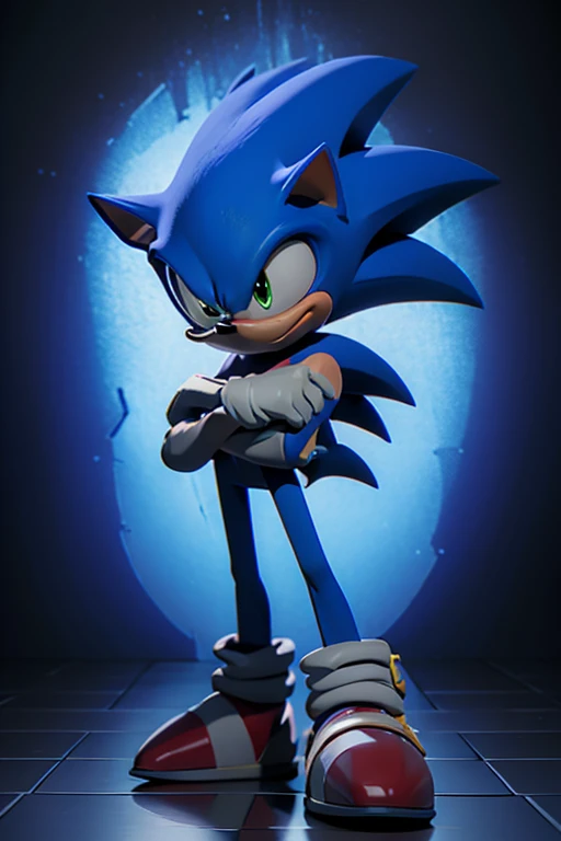 (((ida cintura pra cima))),  Sonic the hedgehog posando para si mesmo, folded arms, Comic scene, Front view, Olhos verdes detalhados, da cintura para cima