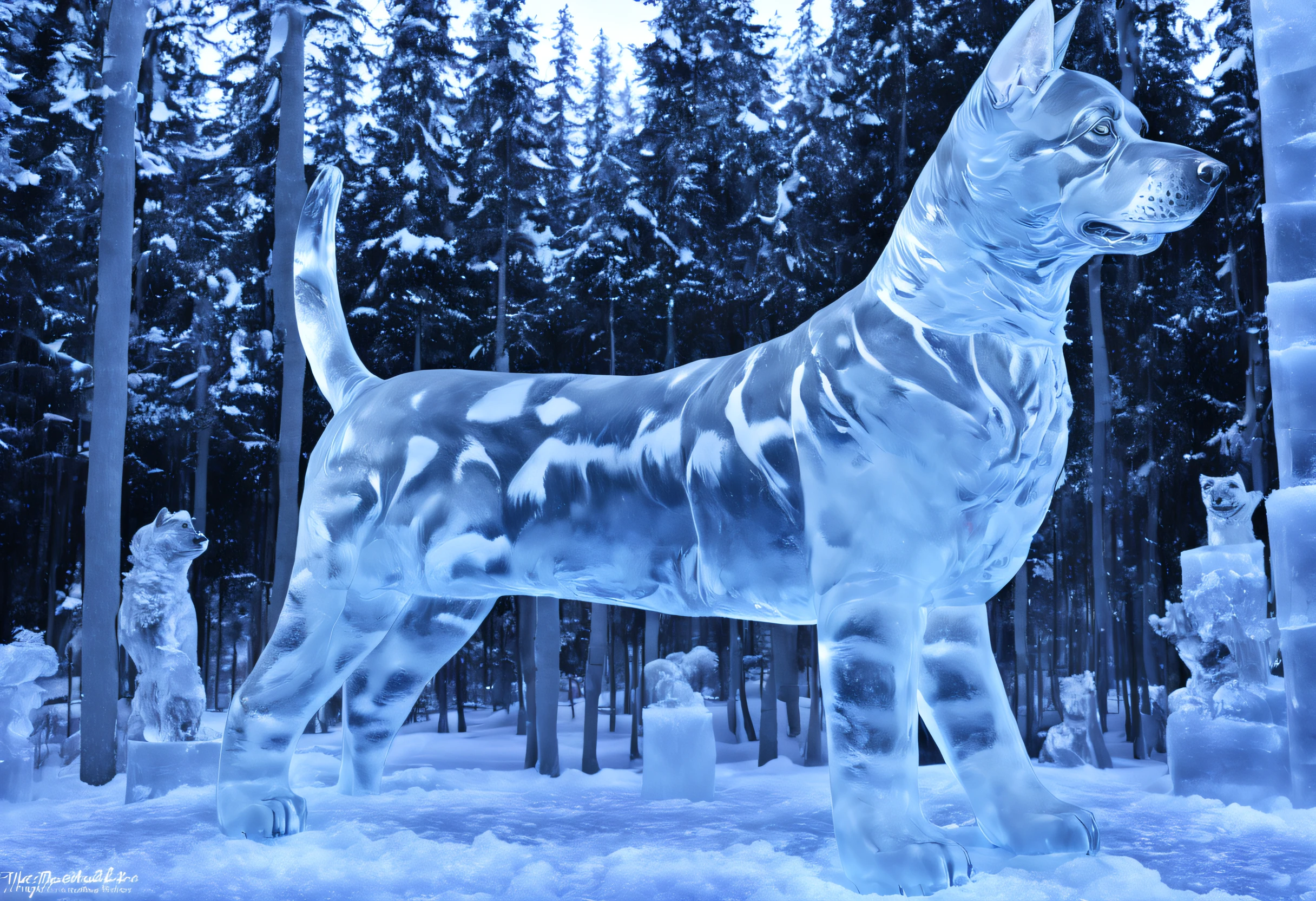 (ultra detailed, high resolution, masterpiece: 1.2), ice sculpture, award-winning sculpture, dog sculpture (portraits, realistic, photorealistic: 1.37), detailed facial features, cheerful expression, elegant pose, serene atmosphere, intricate details of the dog , shiny and transparent ice texture, captivating craftsmanship, brilliant reflections in the sculpture, clear and sharp details, realistic appearance, cold and icy color palette, stunning lighting effects, icy blue and white tones, soft and diffuse glow. The ice reflects the surrounding colors and light, adding a dynamic, ethereal feel to the scene.