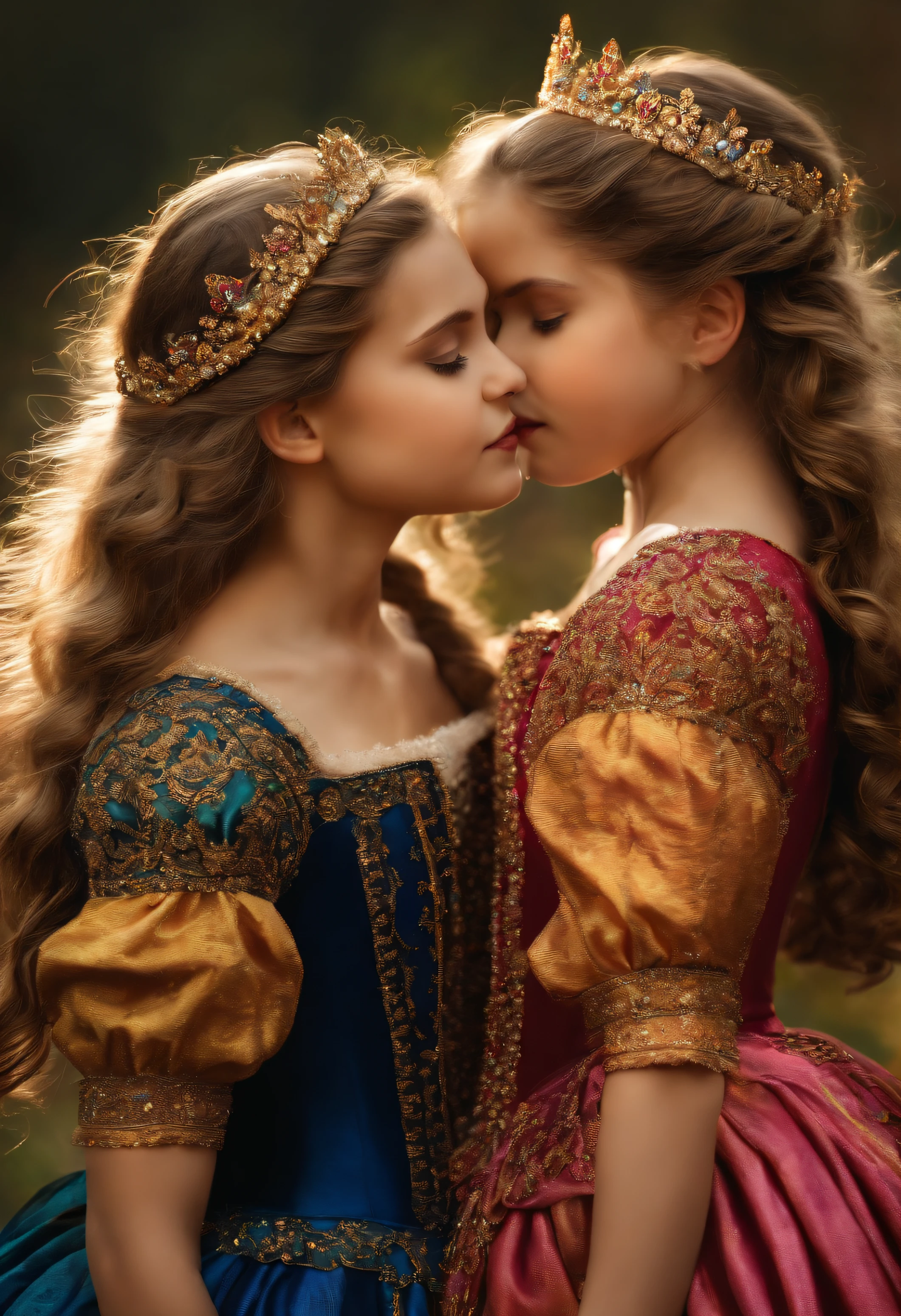 A princesss and her twin sister embracing and kissing
