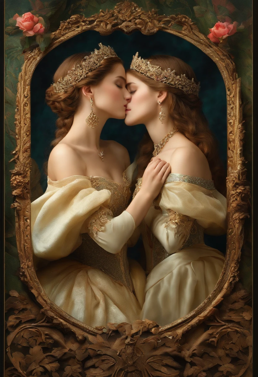 A princesss and her twin sister embracing and kissing