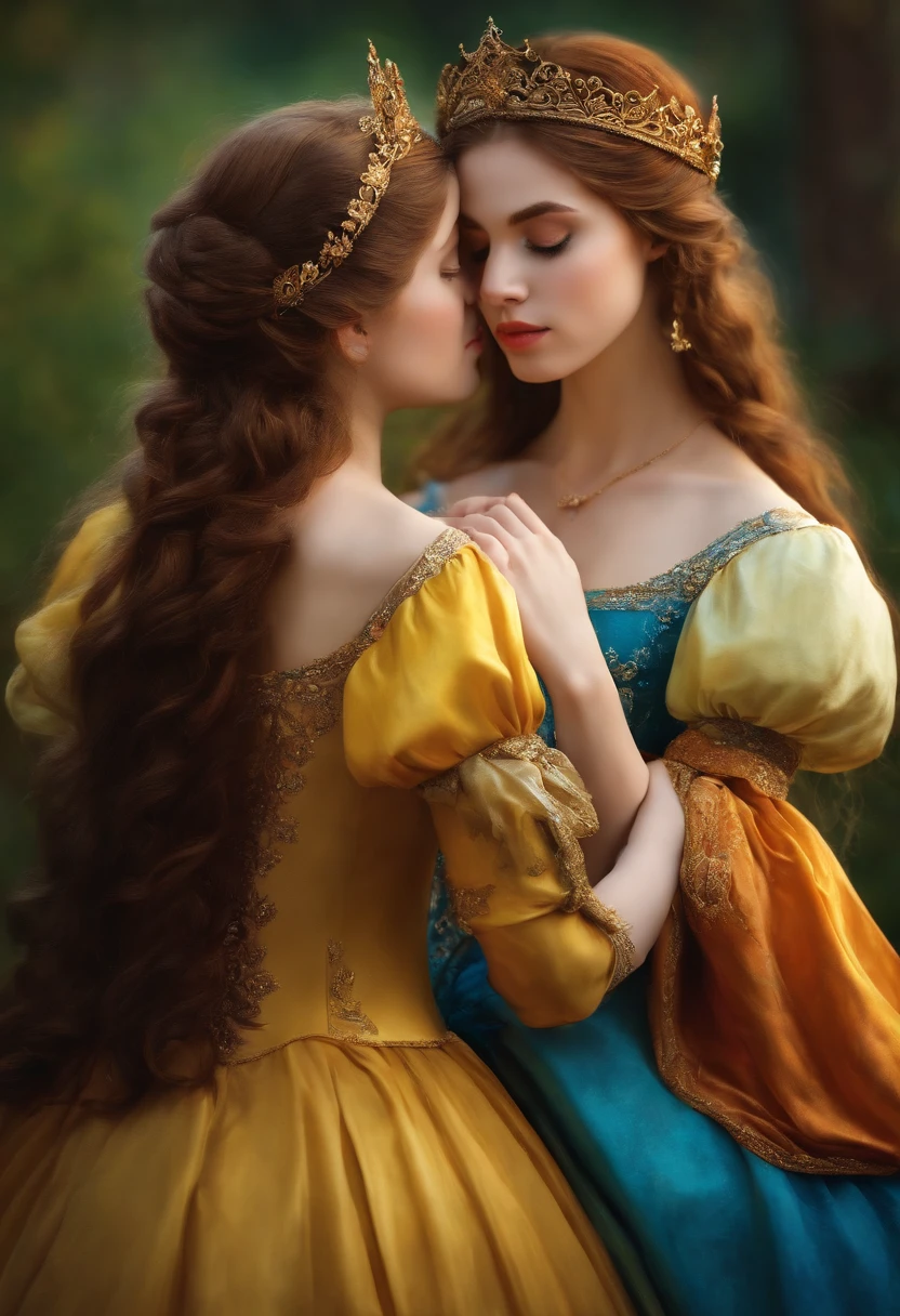 A princesss and her twin sister embracing and kissing