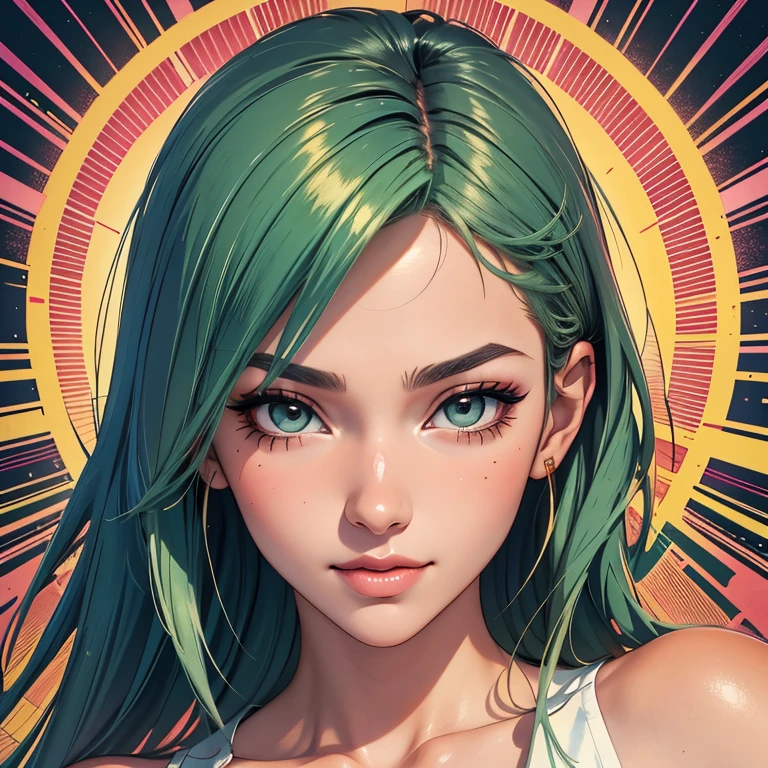 Stunning cartoon girl (thick medium green anime hair, square face, stunning face, smokey almond eyes, thin eyebrows, long eyelashes, flirty smile, mid-twenties, Spanish) pink short dress, serving drinks to the viewer in a night club, thick legs, a full body Glamour shot of her turning her head to one side and tilting down slightly while biting her lower lip and large anime smokey eyes turned focused on the viewer, clean detailed face, pretty smile, perfect face, nice body, anime hair, detailed eyes, looking at the viewer, full body, fashion shots, model pose, dynamic pose, close-up, detailed face, hyperdetailed, super detailed, cinematic light, in a mall, vintage filter, redshift rendering, anime, painting watercolor, illustration, brush strokes, artistic, by hajime sorayama, posing, in the style of illustration by Jean Giraud, - h 350
