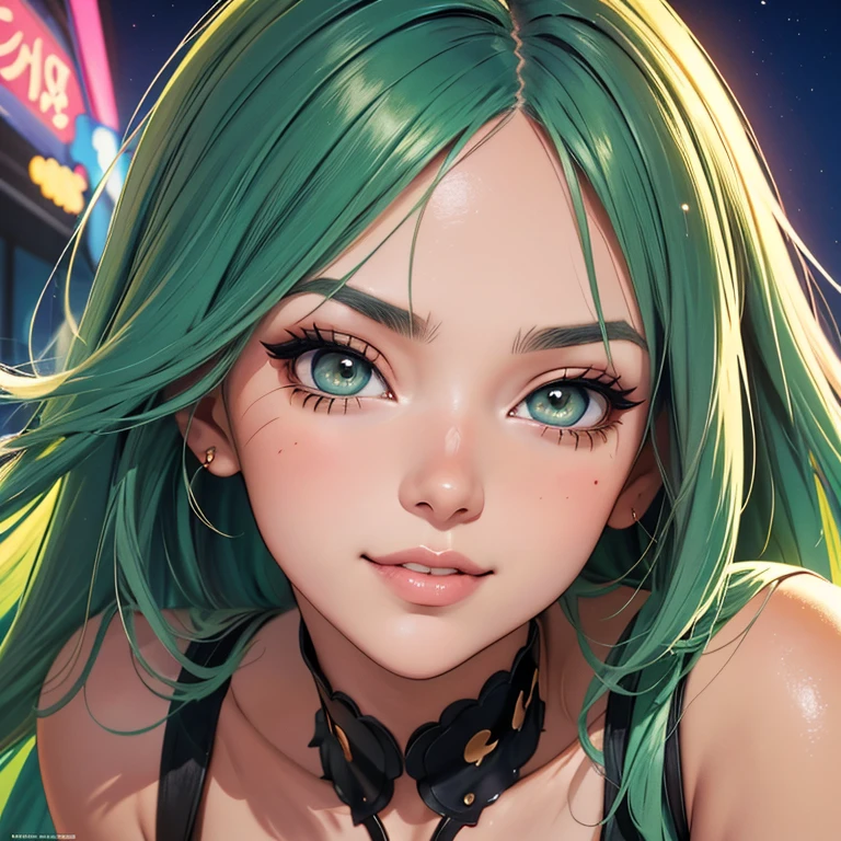 masterpiece, top quality, high resolution, neon-infused, beautiful woman, headshot, front view:1.2,long wavy hair, glossy, bangs, side sweep, seductive eyes, almond-shaped, bright, reflecting neon lights, slim waist