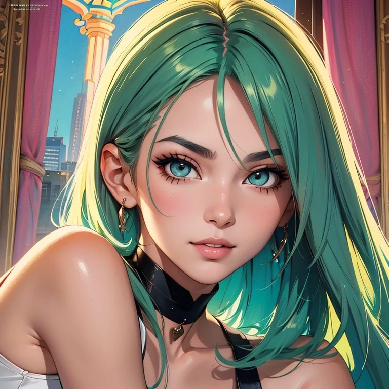 Stunning cartoon girl (thick medium green anime hair, square face, stunning face, smokey almond eyes, thin eyebrows, long eyelashes, flirty smile, mid-twenties, Spanish) pink short dress, serving drinks to the viewer in a night club, thick legs, a full body Glamour shot of her turning her head to one side and tilting down slightly while biting her lower lip and large anime smokey eyes turned focused on the viewer, clean detailed face, pretty smile, perfect face, nice body, anime hair, detailed eyes, looking at the viewer, full body, fashion shots, model pose, dynamic pose, close-up, detailed face, hyperdetailed, super detailed, cinematic light, in a mall, vintage filter, redshift rendering, anime, painting watercolor, illustration, brush strokes, artistic, by hajime sorayama, posing, in the style of illustration by Jean Giraud, - h 350