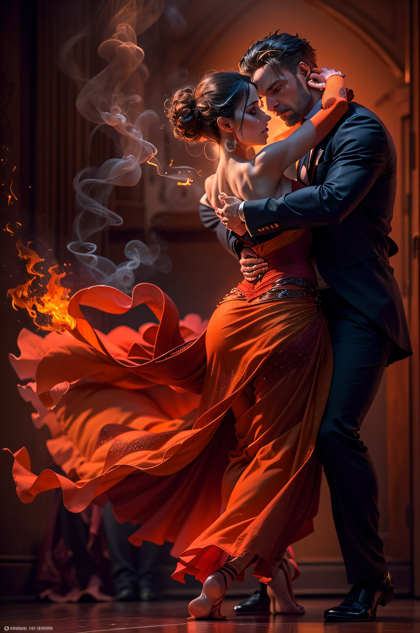(best quality,4k,8k,highres,masterpiece:1.2),ultra-detailed,(realistic,photorealistic,photo-realistic:1.37),passionate,tango dance,fire dance, intense emotions,man and woman,tango dancers,expressive movements,alluring,powerful,graceful,tango embrace,vibrant colors,sensual,smoke,music-filled atmosphere,flawless choreography, mesmerizing,attractive,energetic,tango rhythm,elaborate costumes,fluid motion,fire-like intensity,romantic,dramatic lighting,passionate connection,intricate footwork,fiery passion,perfect synchronization,audience captivated,sparks fly,emotional connection, intense chemistry,mesmerizing performance