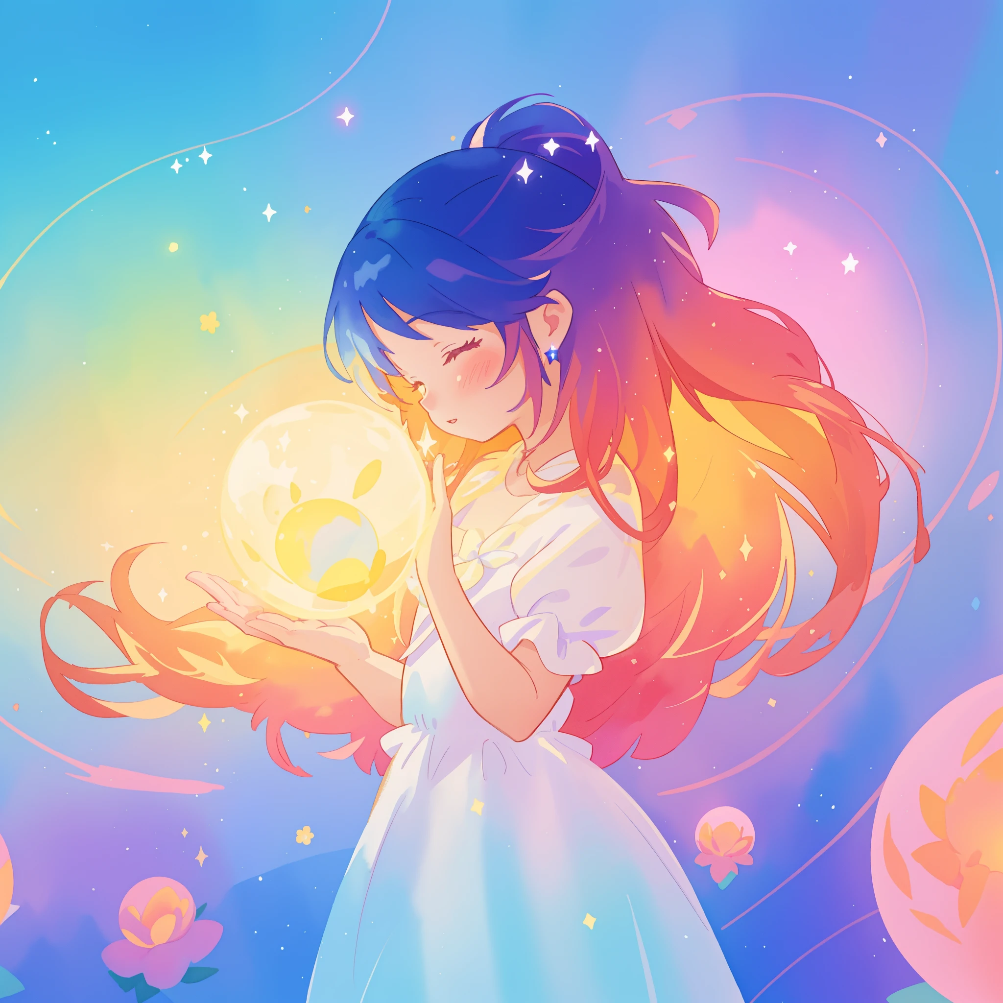 beautiful girl in sparkling white dress holding a glowing magical sphere, glowing ballgown, long colorful hair, colorful fantasia background, watercolor illustration, disney art style, glowing aura around her, glowing lights, beautiful digital illustration, fantasia otherworldly landscape plants flowers, beautiful, masterpiece, best quality, anime disney style, (beautiful hands), (perfect hands), (puffy white sparkling ballgown dress)