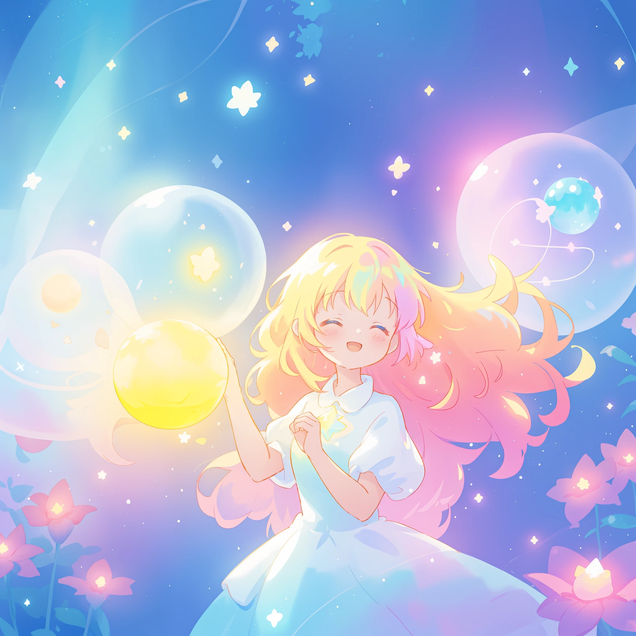 beautiful girl in sparkling white dress holding a glowing magical sphere, glowing puffy layered ballgown, (magical, whimsical), (magical orb), long flowing colorful hair, colorful fantasia background, watercolor illustration, disney art style, glowing aura around her, glowing lights, beautiful digital illustration, fantasia otherworldly landscape plants flowers, beautiful, masterpiece, best quality, anime disney style, (perfect hands)