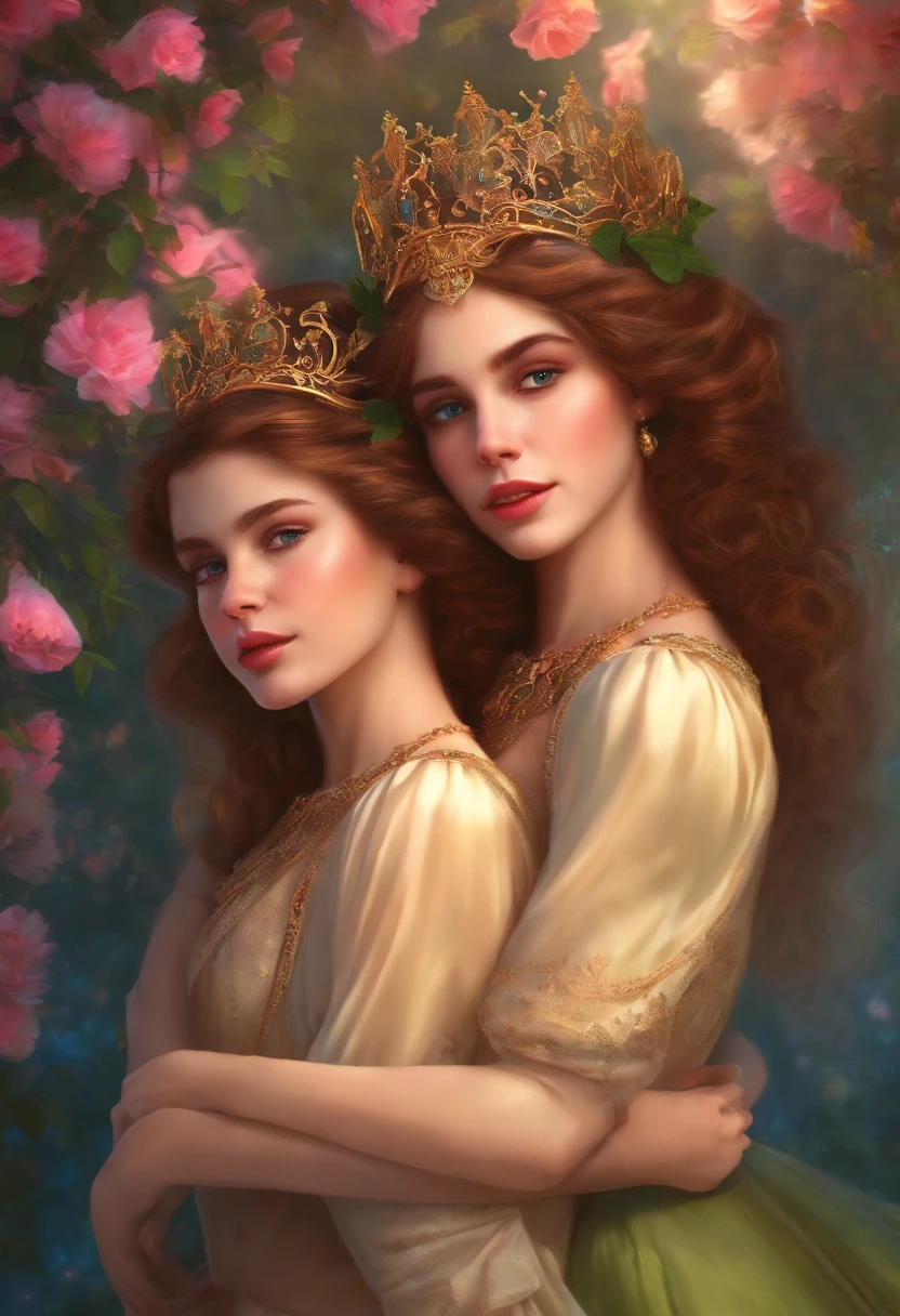 A princesss and her twin sister embracing and making out