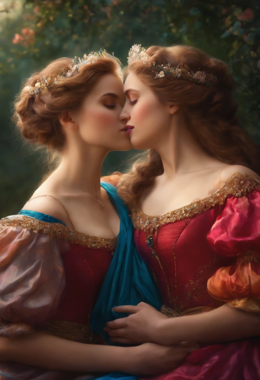 A princesss and her twin sister embracing and making out