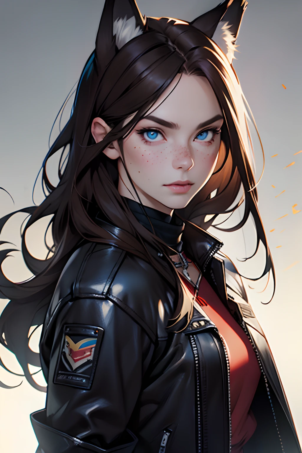 portrait, mature, older, female, feminine, pale skin, freckles, long hair, dark hair, brown hair, blue eyes, leather jacket, rifle, wolf ears, wolf tail, detailed background, niji style