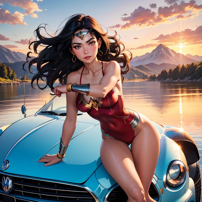 full body of A beautiful young woman wearing a red sports swimsuit, she is leaning against the fender of a blue Volkswagen Beetle (partially show the vehicle), at sunset with tropical mountains in the background, the clouds are rich in color and can be seen in the reflection watercolor, ray tracing, beautiful facial features, black wavy hair, ultra focus, illuminated face, detailed face(oval face, thick eyebrows, narrow chin), 8k resolution, painted, dry brush, brush strokes, razumov style and garmash style, Wonder woman portrait, soft smile, free spirit, bohemian, EType 4w5, sun rays, detailed facial features, detailed eyes, minimalism, hasselblad h6d-100c