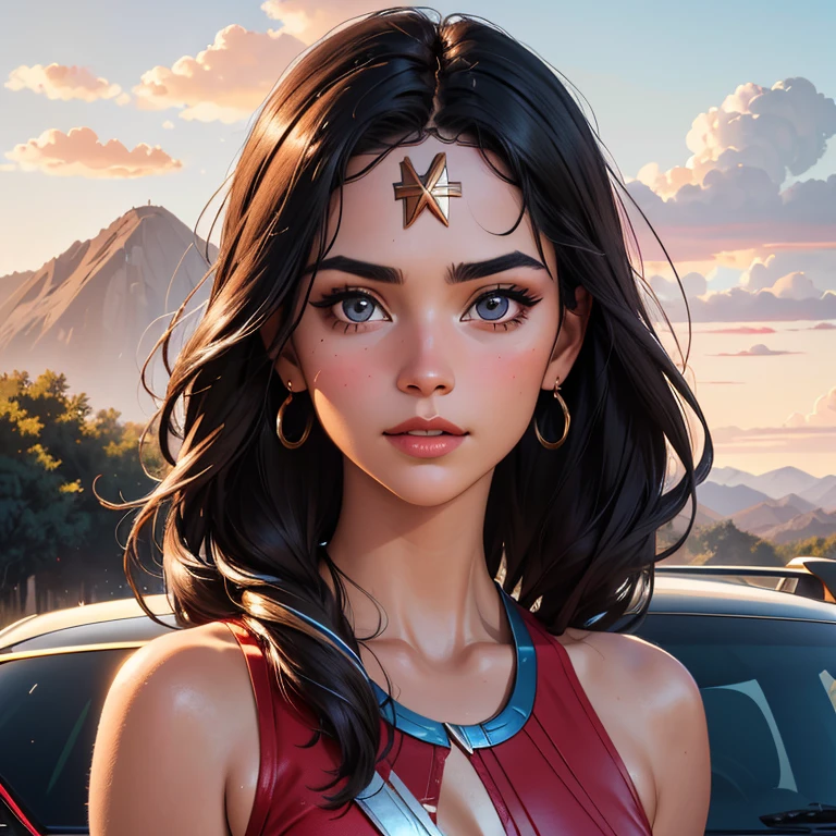 full body of A beautiful young woman wearing a red sports swimsuit, she is leaning against the fender of a blue Volkswagen Beetle (partially show the vehicle), at sunset with tropical mountains in the background, the clouds are rich in color and can be seen in the reflection watercolor, ray tracing, beautiful facial features, black wavy hair, ultra focus, illuminated face, detailed face(oval face, thick eyebrows, narrow chin), 8k resolution, painted, dry brush, brush strokes, razumov style and garmash style, Wonder woman portrait, soft smile, free spirit, bohemian, EType 4w5, sun rays, detailed facial features, detailed eyes, minimalism, hasselblad h6d-100c