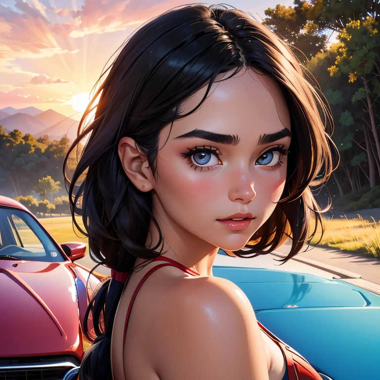 full body of A beautiful young woman wearing a red sports swimsuit, she is leaning against the fender of a blue Volkswagen Beetle (partially show the vehicle), at sunset with tropical mountains in the background, the clouds are rich in color and can be seen in the reflection watercolor, ray tracing, beautiful facial features, black wavy hair, ultra focus, illuminated face, detailed face(oval face, thick eyebrows, narrow chin), 8k resolution, painted, dry brush, brush strokes, razumov style and garmash style, Wonder woman portrait, soft smile, free spirit, bohemian, EType 4w5, sun rays, detailed facial features, detailed eyes, minimalism, hasselblad h6d-100c