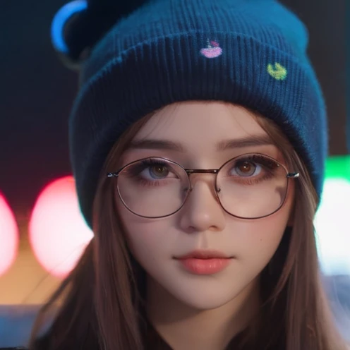 Anime merch, beanie, glasses, long hair with neon streaks, no makeup,original,Anime merch, beanie, glasses, long hair with neon streaks, no makeup,close up, face