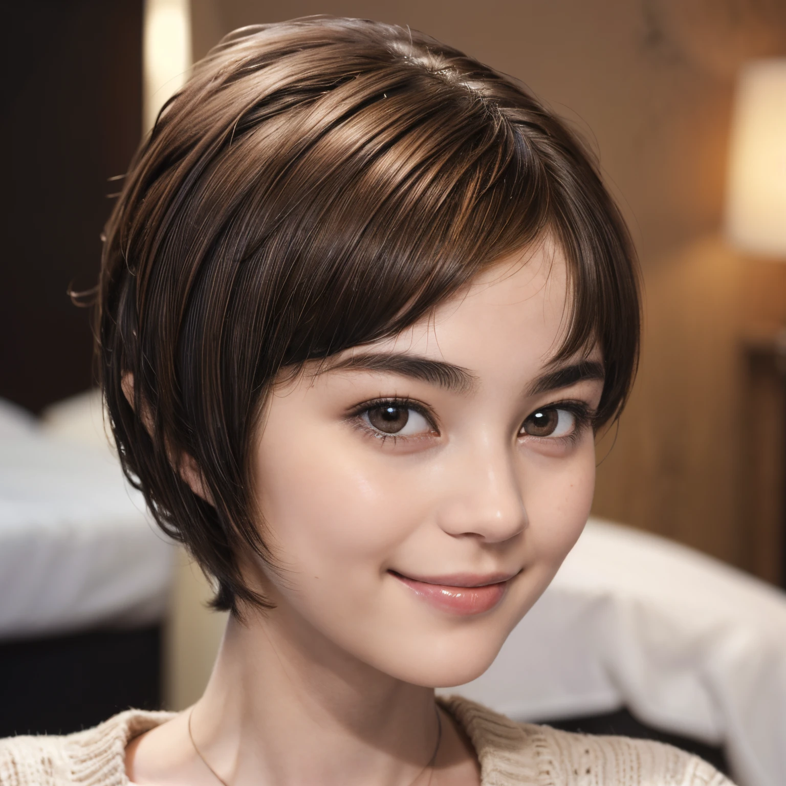 97
(a 20 yo woman,is standing), (A hyper-realistic), (high-level image quality), ((short-hair:1.46)), (Hair smooth), (Gentle smile), (Keep your mouth shut)