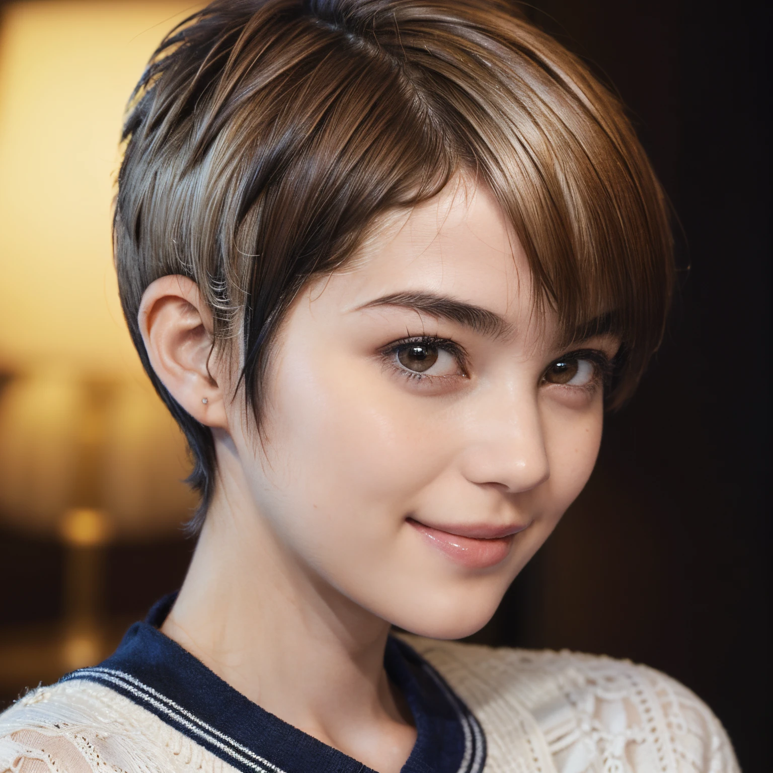 97
(a 20 yo woman,is standing), (A hyper-realistic), (high-level image quality), ((short-hair:1.46)), (Hair smooth), (Gentle smile), (Keep your mouth shut)