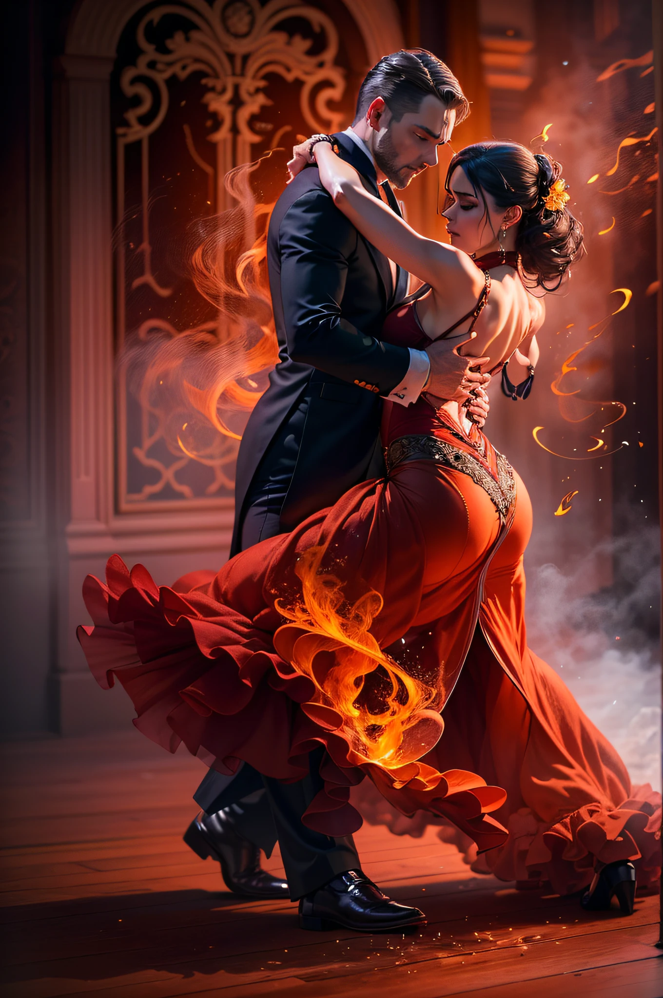 (best quality,4k,8k,highres,masterpiece:1.2),ultra-detailed,(realistic,photorealistic,photo-realistic:1.37),passionate,tango dance,fire dance, intense emotions,man and woman,tango dancers,expressive movements,alluring,powerful,graceful,tango embrace,vibrant colors,sensual,smoke,music-filled atmosphere,flawless choreography, mesmerizing,attractive,energetic,tango rhythm,elaborate costumes,fluid motion,fire-like intensity,romantic,dramatic lighting,passionate connection,intricate footwork,fiery passion,perfect synchronization,audience captivated,sparks fly,emotional connection, intense chemistry,mesmerizing performance