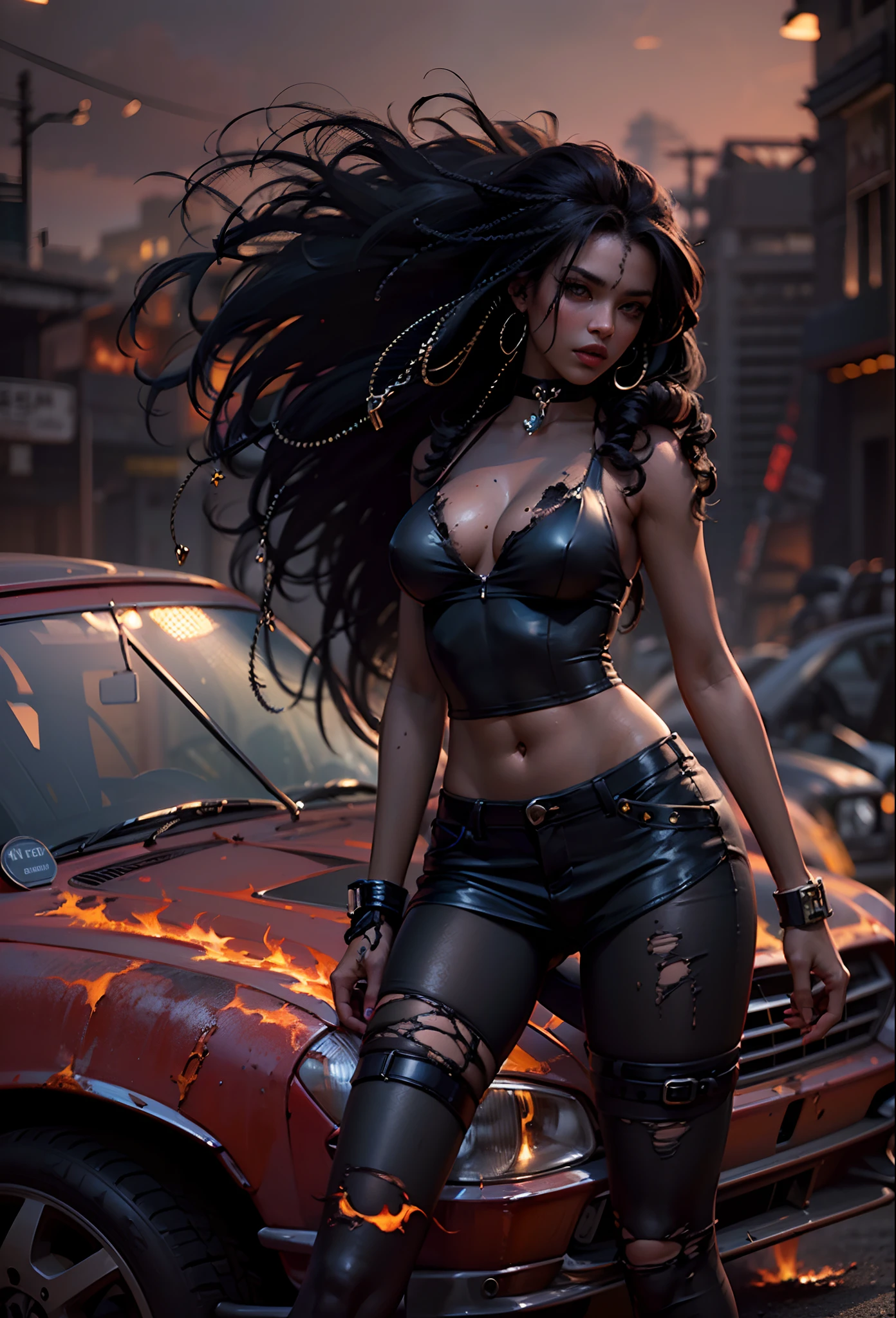 ((21-year-old))), black girl, (((light skin))), (((full body pose))), (((long curly black hair))), (((wearing tight ripped clothing))), (((seamless black, pantyhose))), (((submissive))), (((metal choker))), (((post apocalyptic scene, old cars, fire, death))), dark fantasy, Rich, Deep Colours, (intricate details:0.9), (HDR, hyper-detailing:1.2), (natural skin textures, hyper realisitc, glistening skin, soft light, Sharp),