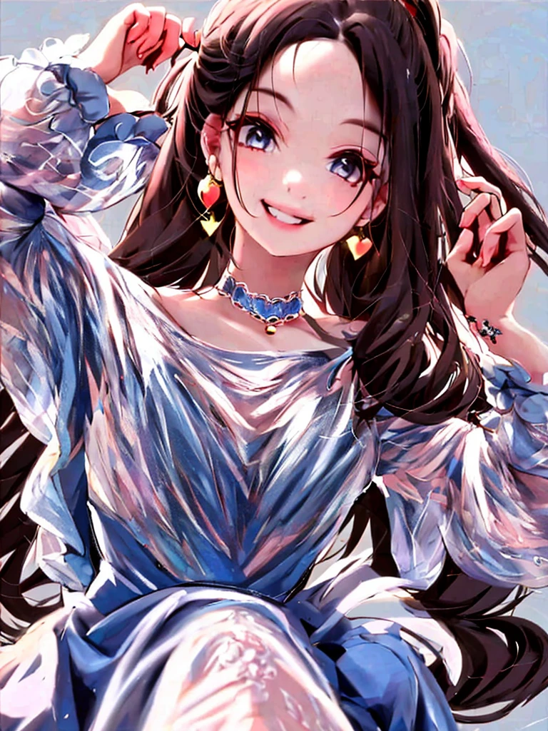 a cute li goth girl smiling, hair accesories, choke, dynamic pose, photoshoot, looking at viewer