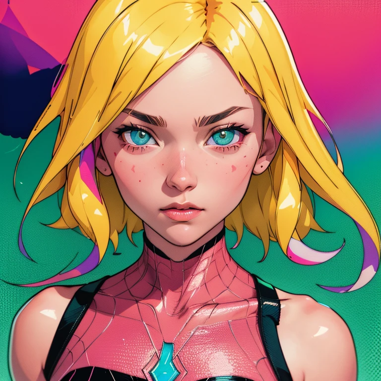 midshot, cel-shading style, centered image, ultra detailed illustration of Spider-Gwen posing, (tetradic colors), inkpunk, ink lines, strong outlines, art by MSchiffer, bold traces, unframed, high contrast, cel-shaded, vector, 32k resolution, best quality, (chromatic aberration:1.8)