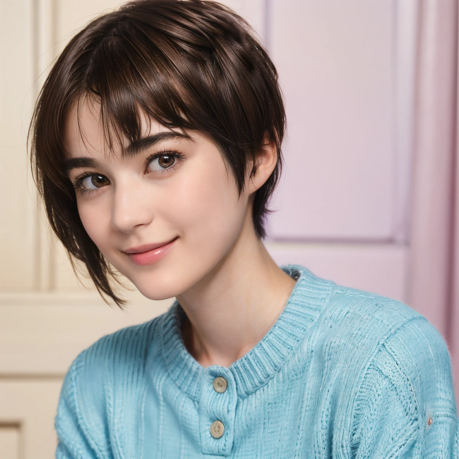 97
(a 20 yo woman,is standing), (A hyper-realistic), (high-level image quality), ((short-hair:1.46)), (Hair smooth), (Gentle smile), (Keep your mouth shut)
