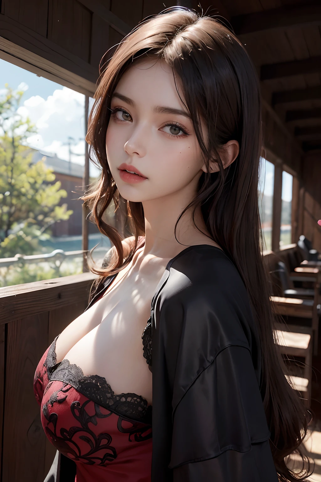tetas grandes, a 20 year old female, Pelo largo y rojo, con tetas grandes, tema oscuro, tonos relajantes, colores apagados, alto contraste, (textura natural de la piel, hiperrealismo, luz suave, afilado) Red Lingeri