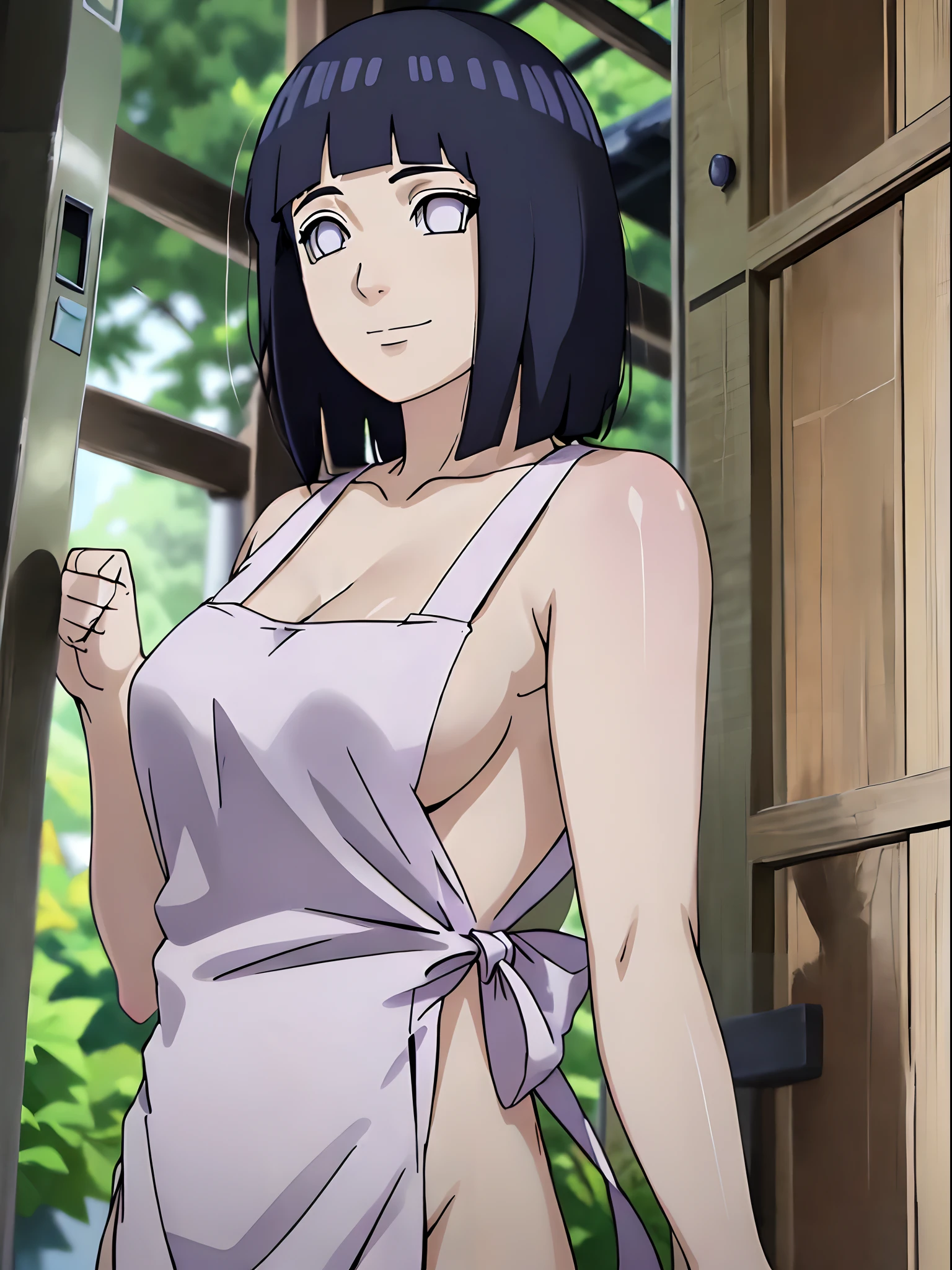 naked wearing white apron only,, ((thick arms)), , , anime style, cute , beautiful , nice body, soft body, (hinata\(boruto\), (slender body), mature woman , broad shoulders, off-shoulders, (naked wearing white apron only, bare arms, bare hands), smile, closed mouth, pale skin, , smile, (dark blue hair color:1.1), wavy hair, floating hair, ((very short hair, hime cut), big breasts, (closed fists), , (perfect eyes, white sciera, bright eyes, white eyes, anime eyes)