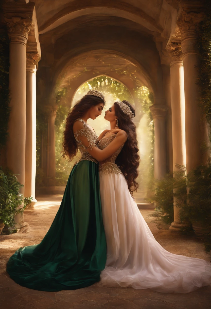 A beautiful and sexy princess and her twin sister lover embracing and making out