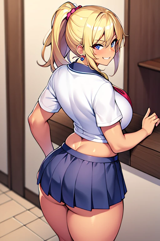 Tan skin, tan body, tan, gal, gyaru, jk, large breasts, thick thighs, wide hips,1girl, blonde hair, ponytail, short ponytail, ass, from behind, schoolgirl, school uniform, skirt, socks, earrings, side ponytail, pervert, smug, smirk, smile