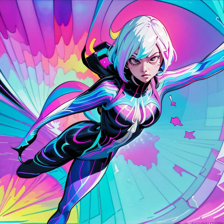 full body, cel-shading style, centered image, ultra detailed illustration of Spider-Gwen posing, (tetradic colors), inkpunk, ink lines, strong outlines, art by MSchiffer, bold traces, unframed, high contrast, cel-shaded, vector, 32k resolution, best quality, (chromatic aberration:1.8)