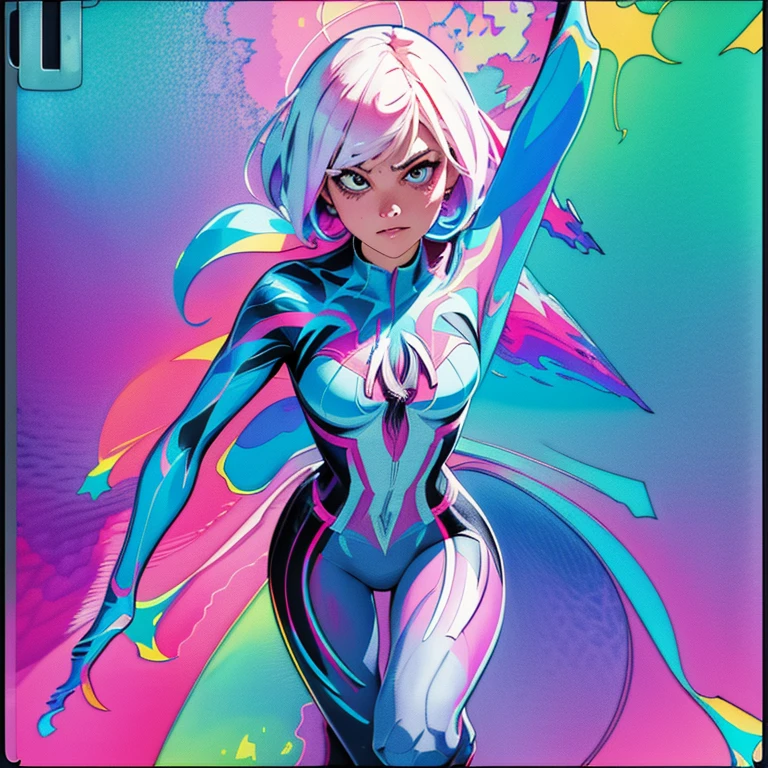 full body, cel-shading style, centered image, ultra detailed illustration of Spider-Gwen posing, (tetradic colors), inkpunk, ink lines, strong outlines, art by MSchiffer, bold traces, unframed, high contrast, cel-shaded, vector, 32k resolution, best quality, (chromatic aberration:1.8)