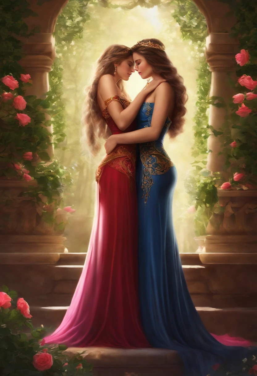 A beautiful and sexy princess and her twin sister who is her lover embracing and making out