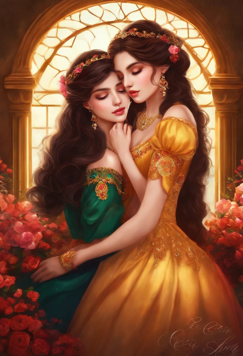 A beautiful and sexy princess and her twin sister who is her lover embracing and making out