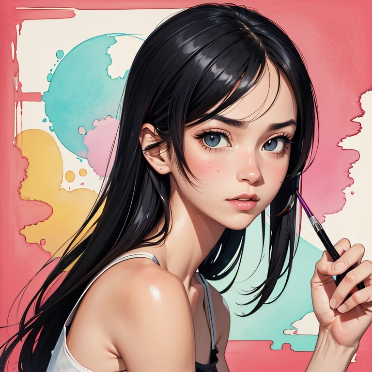 Paint splashes of Pastel red emerald green pastel purple shiny golden Orange, Surréalisme style watercolor painting, close-up facial expression, Tifa Lockhart final fantasy 7, very fine lines, color pencil sketch of a girl, Skin on the face without beard smooth, drawing on a very rough texture patera, Surréalisme style watercolor painting, very clear face, stylization 1000, line art watercolor wash, girl with black hair, Takeshi Obata style, simple, naive, watercolor, book illustration, crisp lines, digital illustration, funny man, Yoji Shinkawa, Kyoto Animation, gray shirt, city, city street, computer rendering, digital art, watercolor and pen, HD, 32K, UHD, HDR, High Detailed --q 6