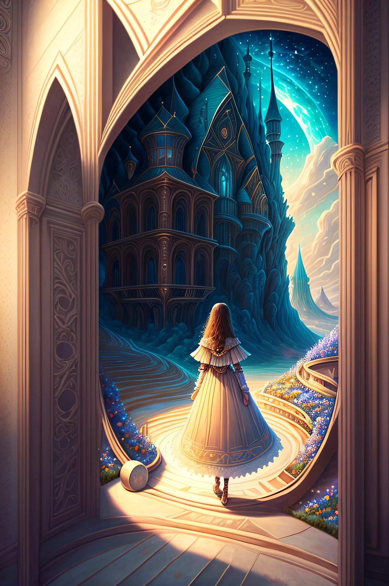 in the parallel universe of dreams, very detailed and magnificent. A magnificent girl who sleepwalks and finds herself in an unusual place