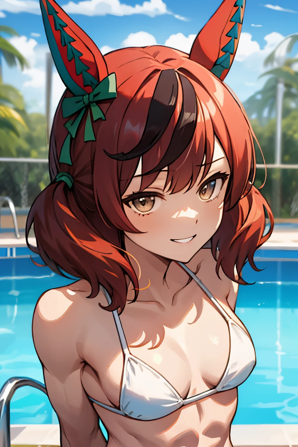 nice nature\(umamusume\), ultra-detailed face, masterpiece, best quality, upper body, muscular body, abs, front, white bikini, pool, light smile, arms behind back,