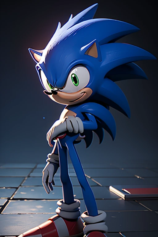 (((ida cintura pra cima))),  Sonic the hedgehog posando para selfie, bravo, folded arms, serious scene, Front view, Olhos verdes detalhados, da cintura para cima