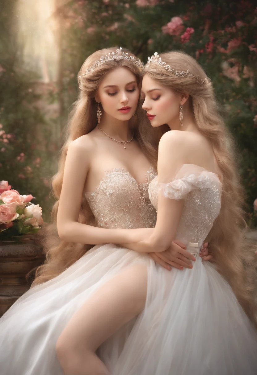 A beautiful and sexy princess and her twin sister who is her lover embracing and passionately kissing and caress ass