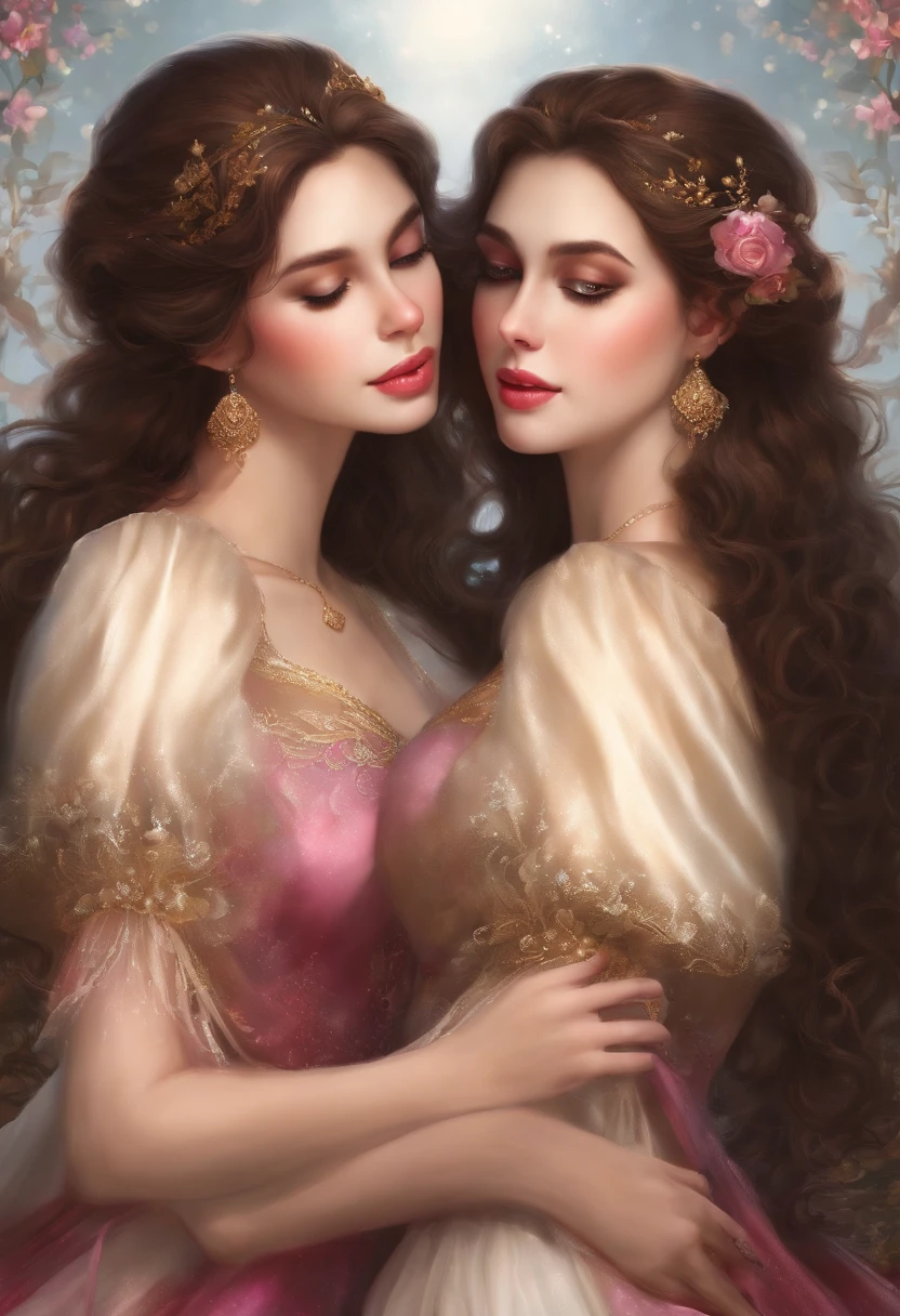 A  beautiful and sexy princess and her twin sister who is her lover embracing and passionately kissing and caress ass