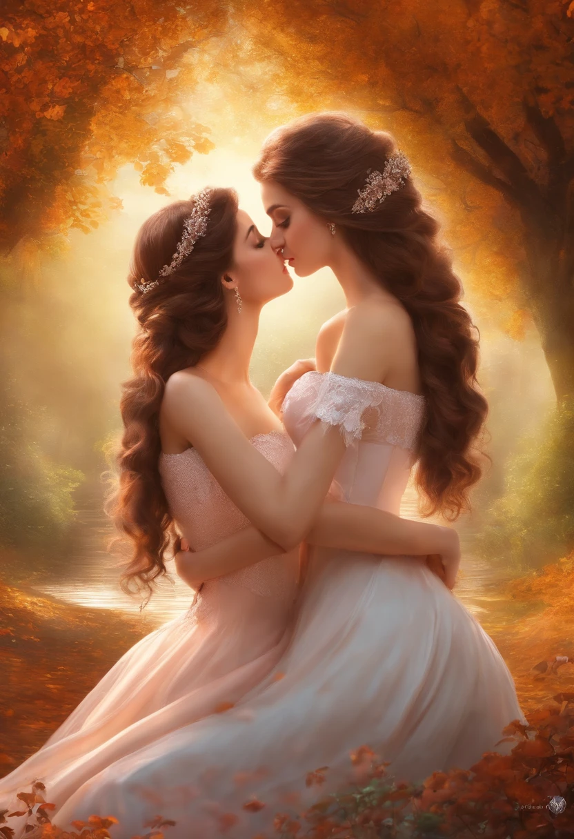 A beautiful and sexy princess and her twin sister who is her lover embracing and passionately kissing and caress ass