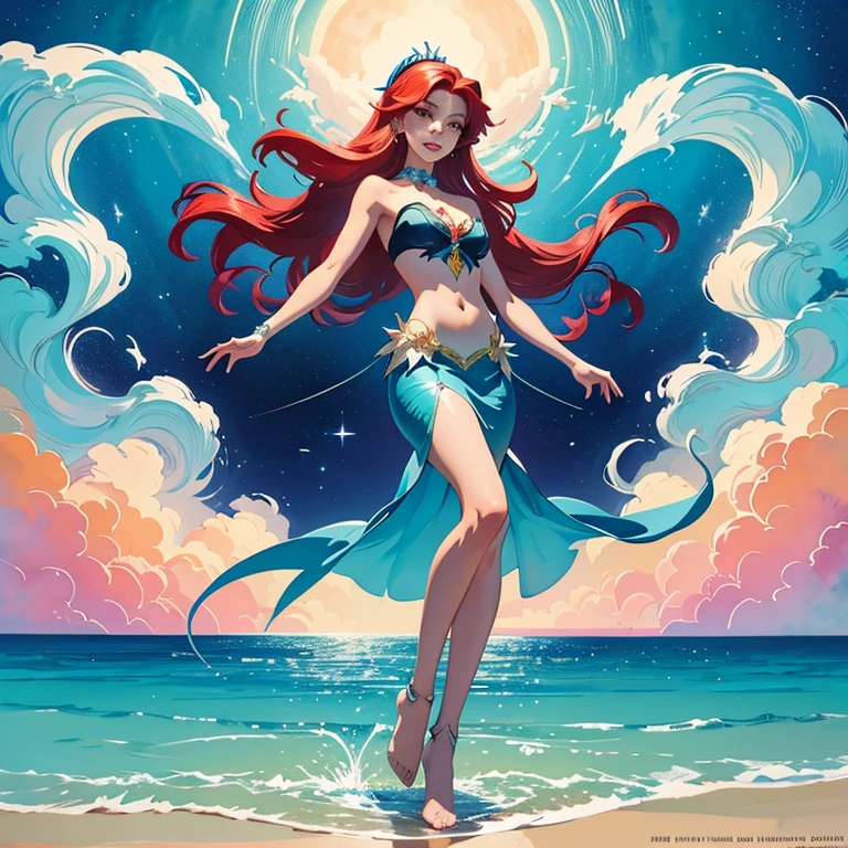 Ariel anime, The little mermaid theme, digital illustration, disney, rule 63, full body, perfect anatomy, perfect face, abstract beauty, beautiful, centered, looking at the camera, approaching perfection, dynamic, moonlight, highly detailed, watercolor painting, artstation, concept art, smooth, sharp focus, illustration