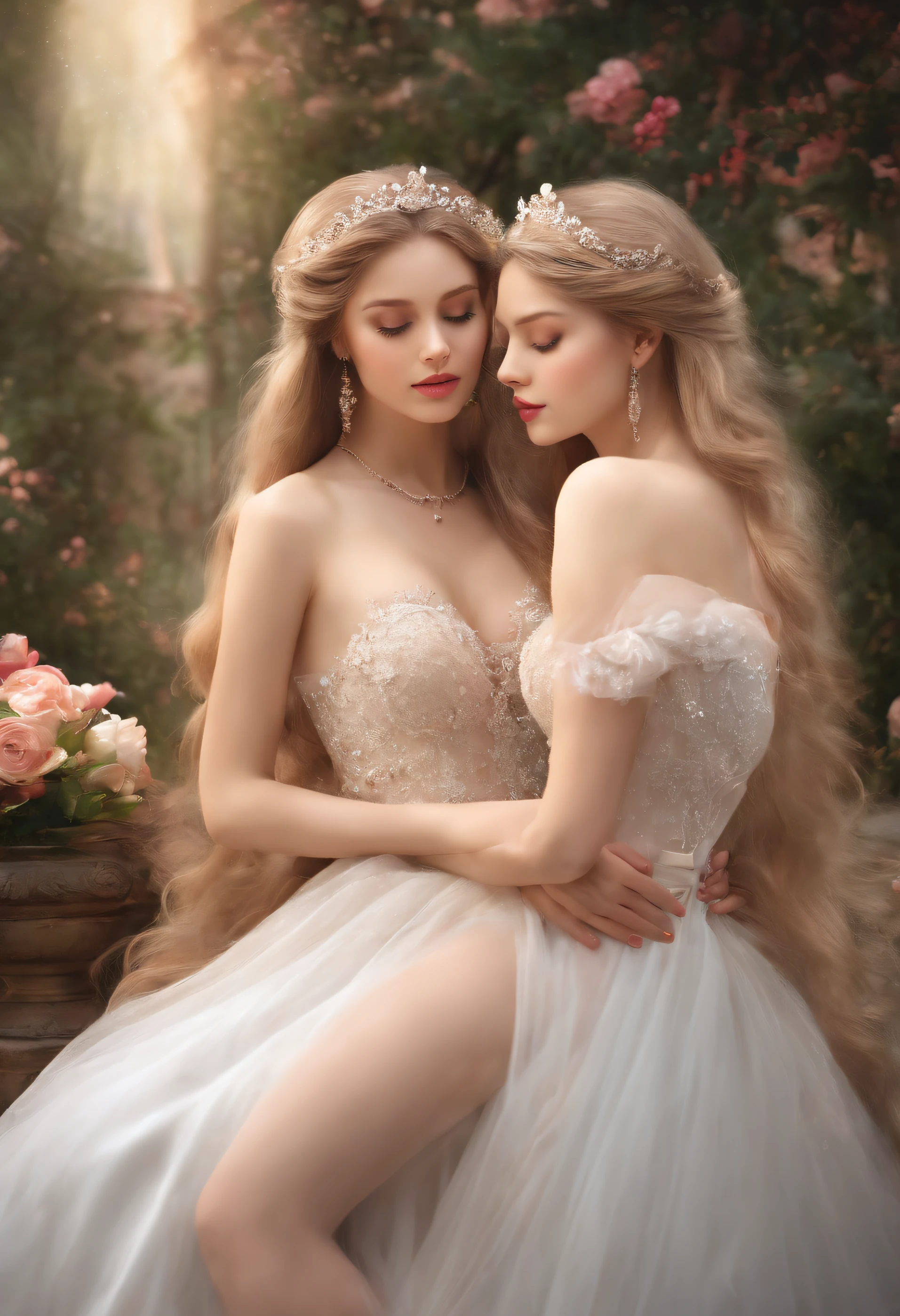 A beautiful and sexy princess and her twin sister who is her lover embracing and passionately kissing and caress ass