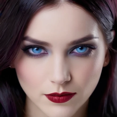 She has long, ebony black hair with purple streaks and red tips, icy blue eyes "like limpid tears" (even when they've mysteriously turned red), and she only wears clothing from Hot Topic.,original,She has long, ebony black hair with purple streaks and red tips, icy blue eyes "like limpid tears" (even when they've mysteriously turned red), and she only wears clothing from Hot Topic.,close up, face
