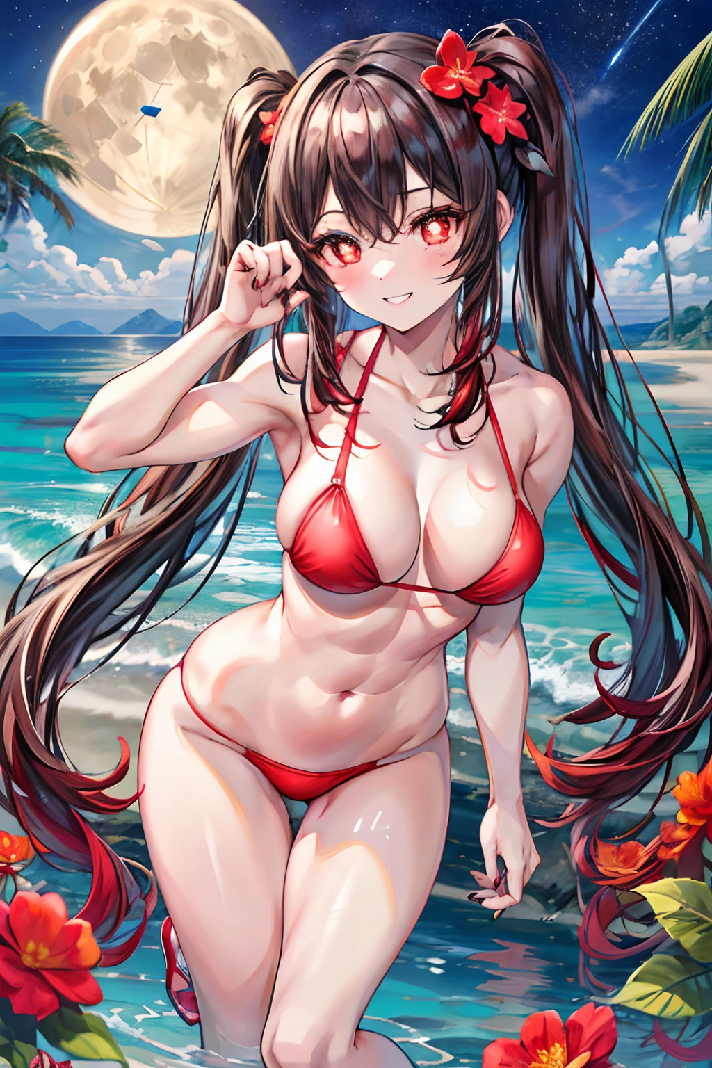 best quality, Ultra High Resolution, 1girl, mischievous smile, showing teeth, (long red brown hair:1), ((swollen eyes)), look at me, (full body), Smile at me, red eyes, (( (flower pupils))), sweet, beautiful, (on the beach at night with starry sky and full moon in the sky), (wearing a micro bikini), (((muscular legs))), (muscular belly), wide hips , big ass, medium breasts, (((nails painted black with reflection))). thoughtful, love me with all your heart, Ultra HD,